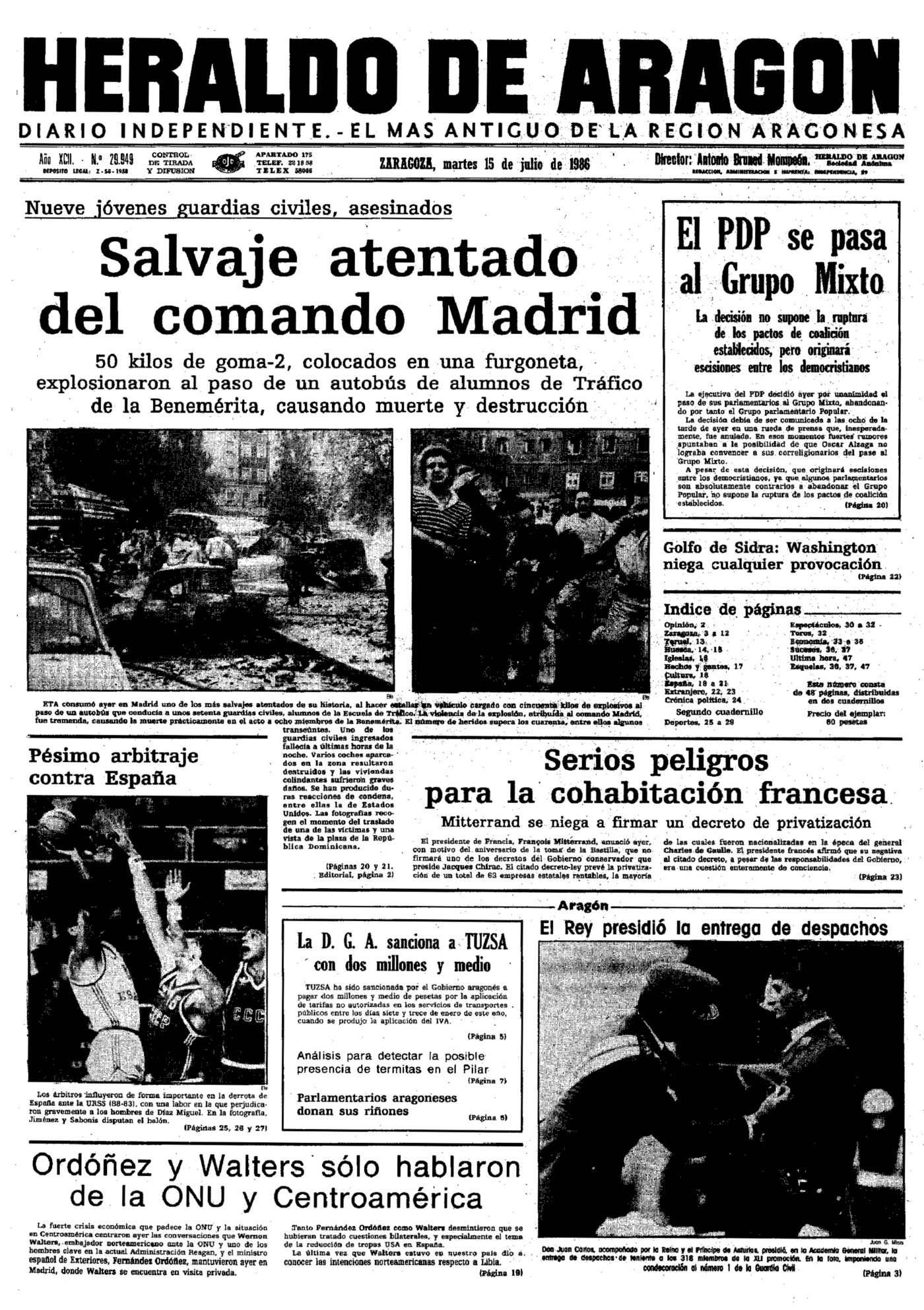 Portada de HERALDO DE ARAGÓN del 15 de julio de 1986