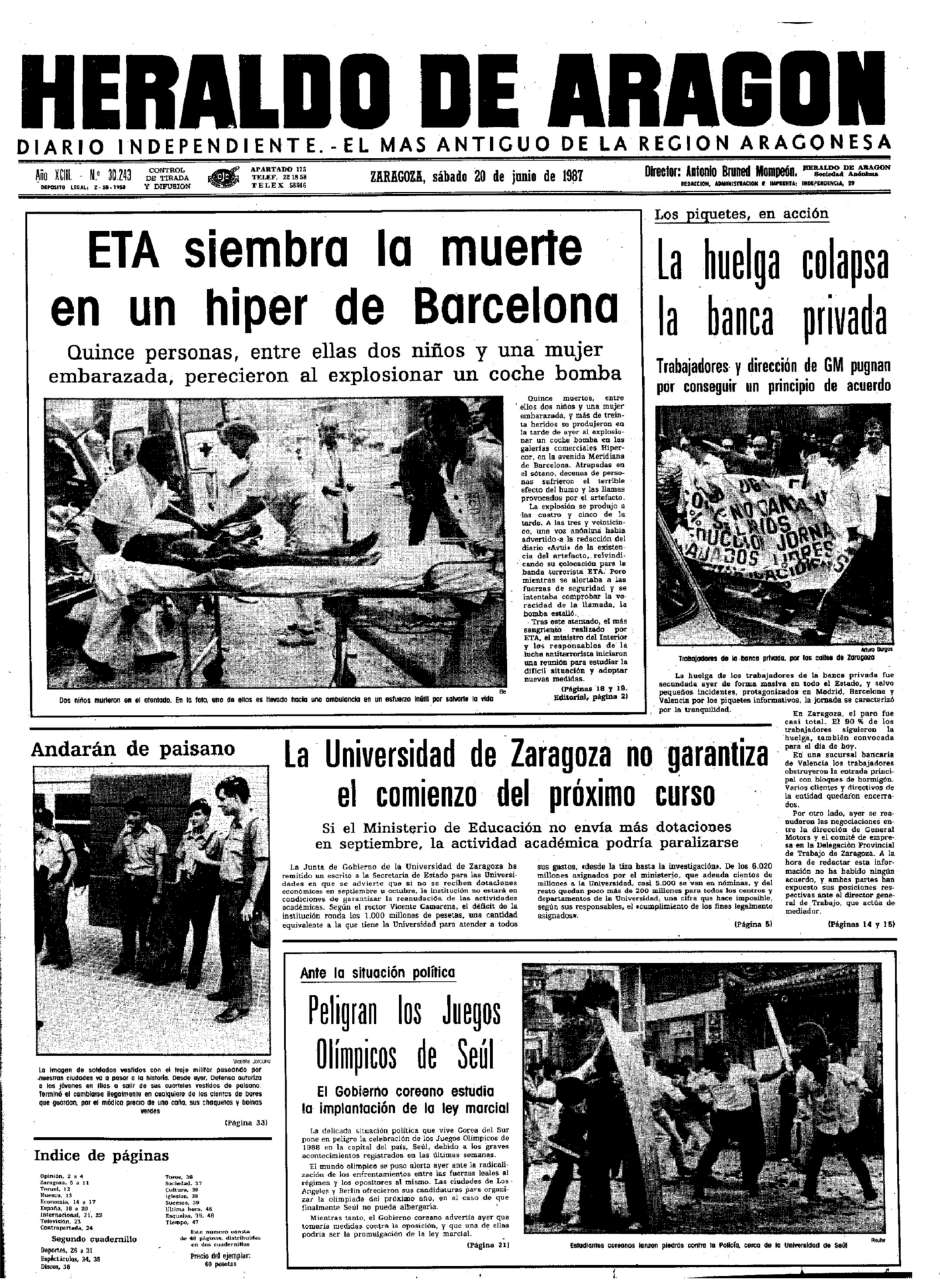 Portada de HERALDO DE ARAGÓN del 20 de junio de 1987