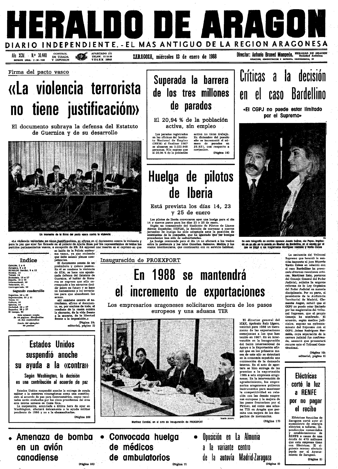 Portada de HERALDO DE ARAGÓN del 13 de enero de 1988