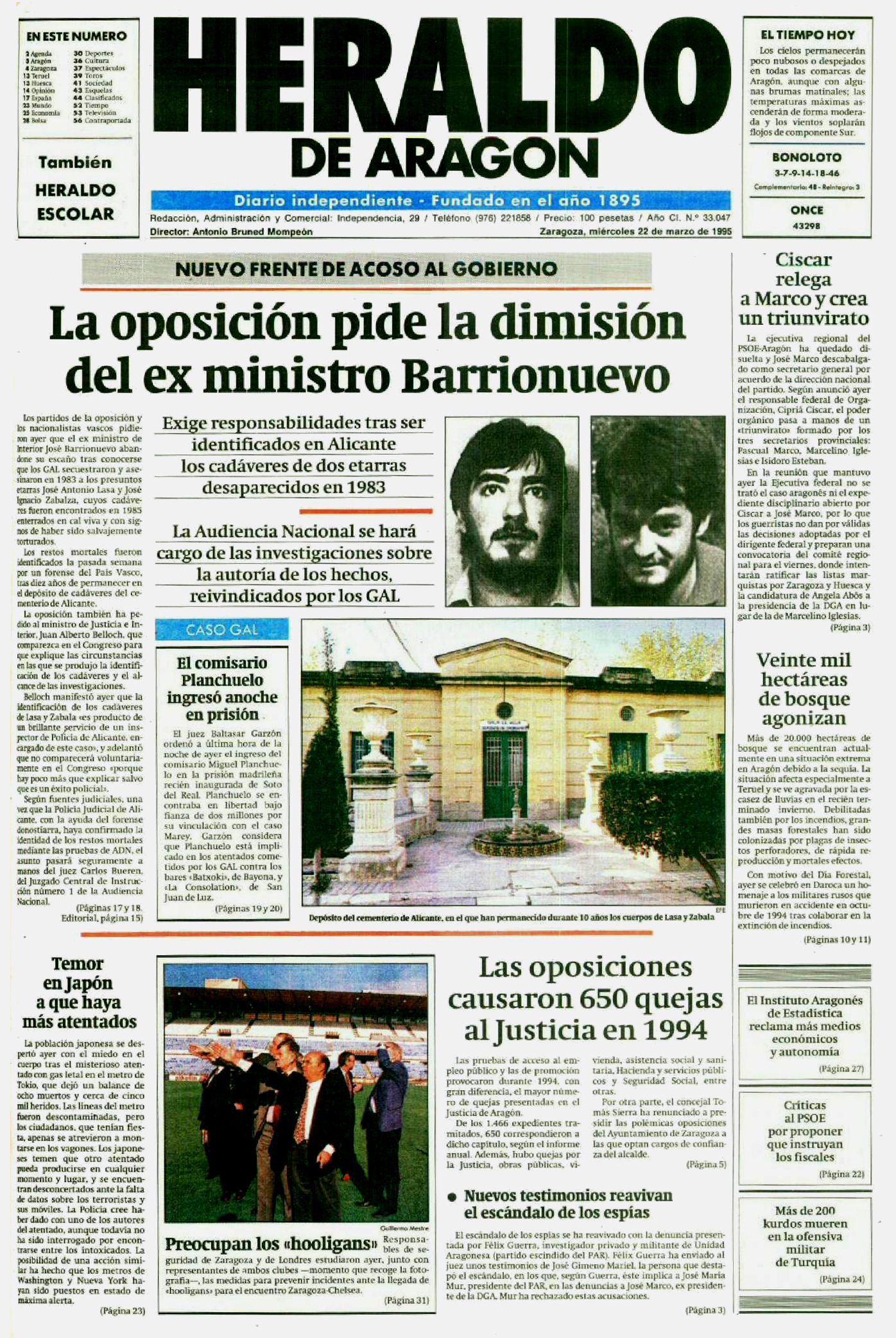 Portada de HERALDO DE ARAGÓN del 22 de marzo de 1995