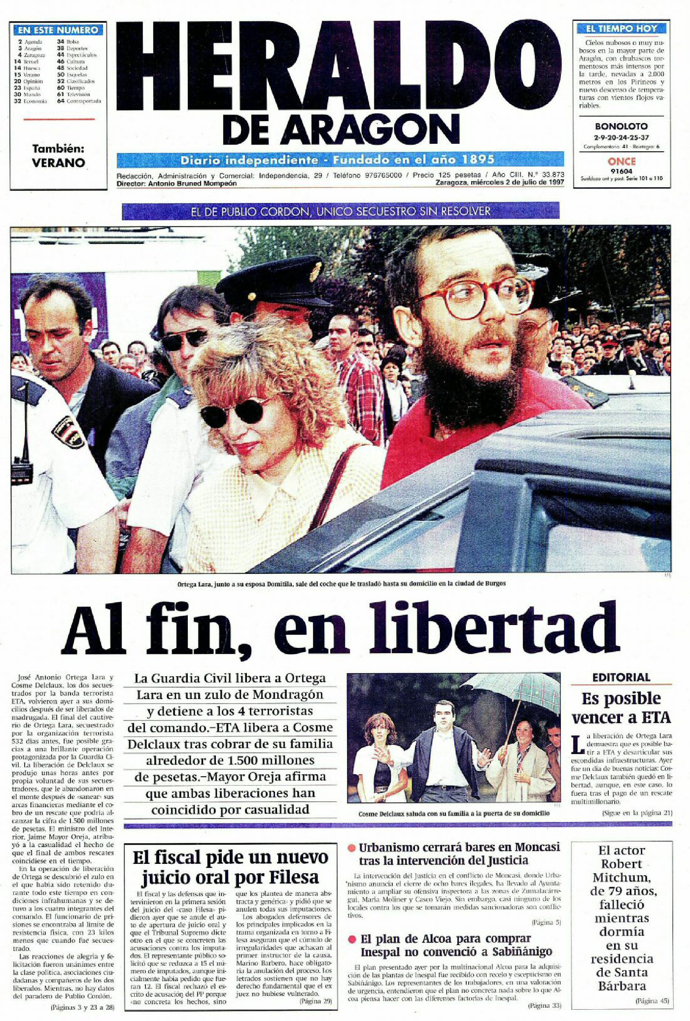 Portada de HERALDO DE ARAGÓN del 2 de julio de 1997