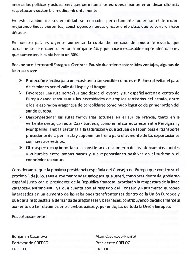 Lettre de Crefco et Creloc au président du gouvernement Pedro Sánchez.