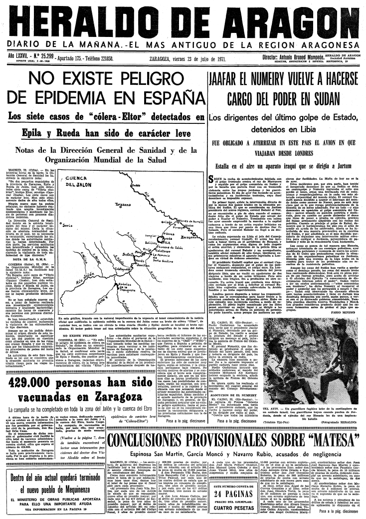 Front page of the Heraldo de Aragón of July 23, 1971 on the occasion of cholera cases in Zaragoza.